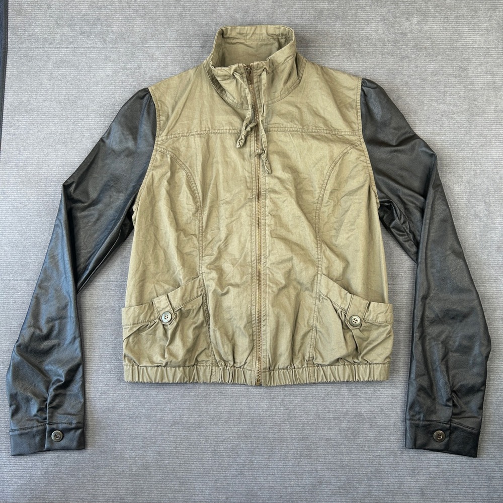 Papaya Womens Olive Green Faux Leather Sleeve Mixed Media Bomber y2k Jacket M